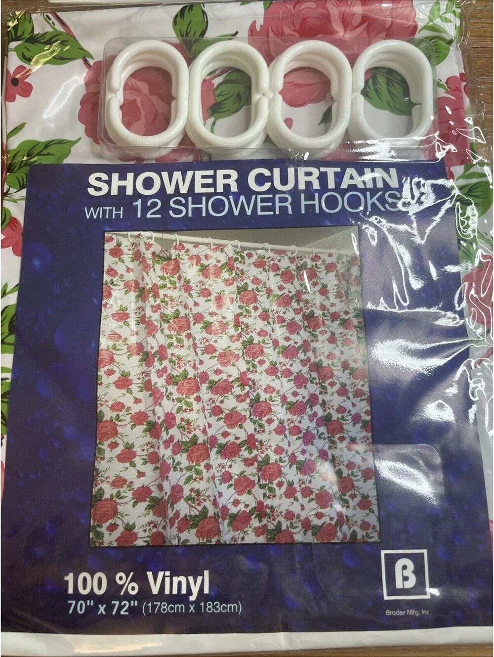Vinyl Shower Curtain Set with 12 Hooks - White Pink Rose Floral 70x72